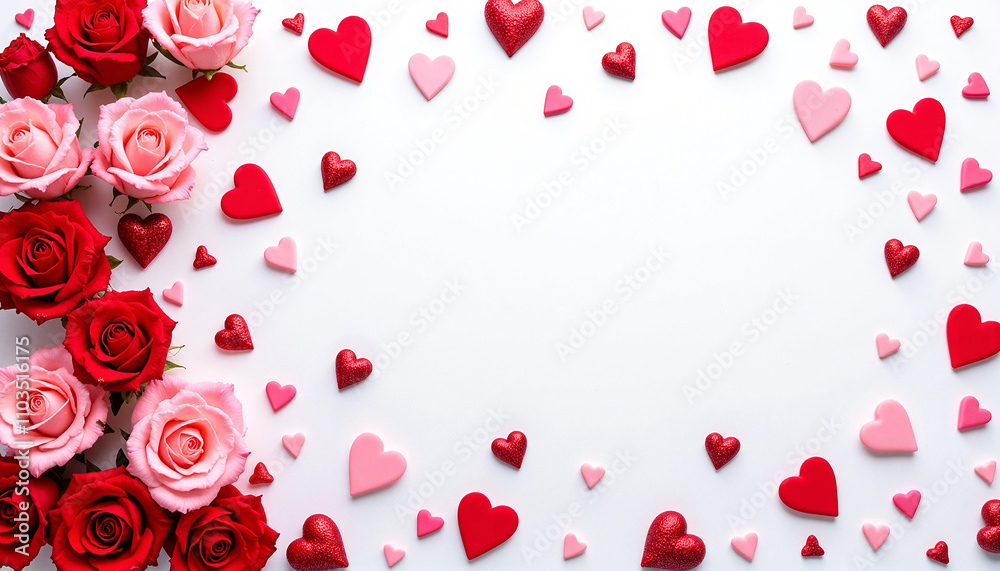 Heart-shaped frame with roses and petals with space for text Heart-shaped frame with roses and petals with space for text