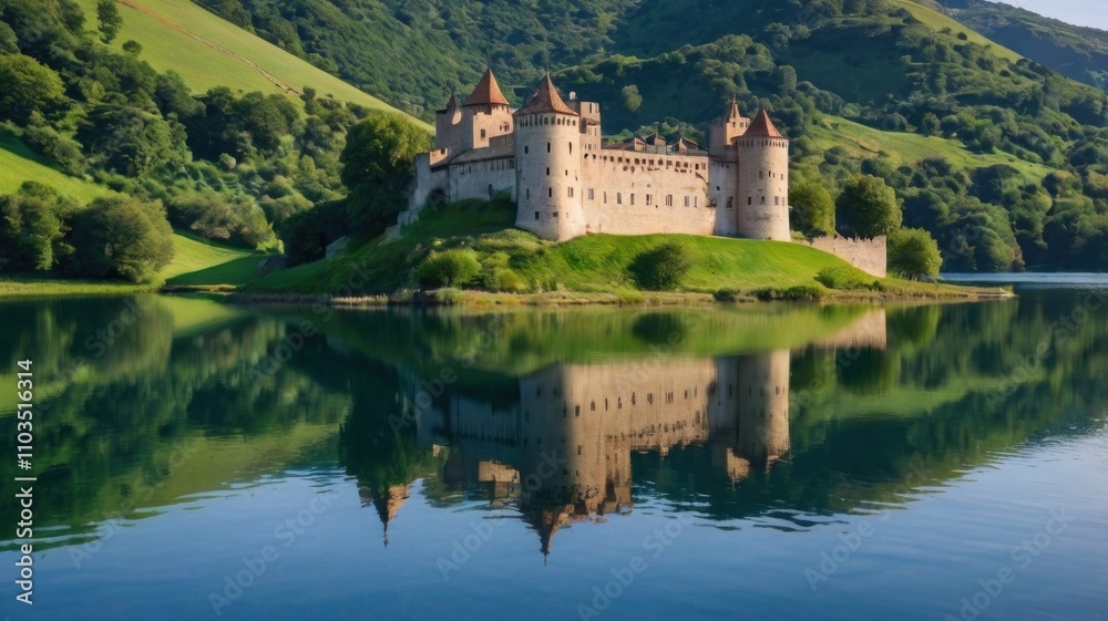 Majestic medieval castle on a serene lake, reflected perfectly in the calm water, surrounded by lush green hills. Majestic medieval castle on a serene lake, reflected perfectly in the calm water, surrounded by lush green hills.