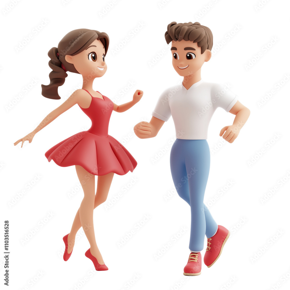 Dancing couple, animated characters in playful pose, girl in red dress, boy in casual outfit, joyful expression, vibrant colors, isolated on transparent background, png Dancing couple, animated characters in playful pose, girl in red dress, boy in casual outfit, joyful expression, vibrant colors, isolated on transparent background, png