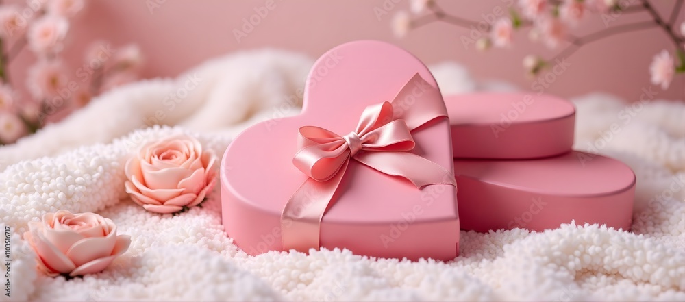 Romantic pink heart box with ribbon surrounded by roses and soft textures Romantic pink heart box with ribbon surrounded by roses and soft textures