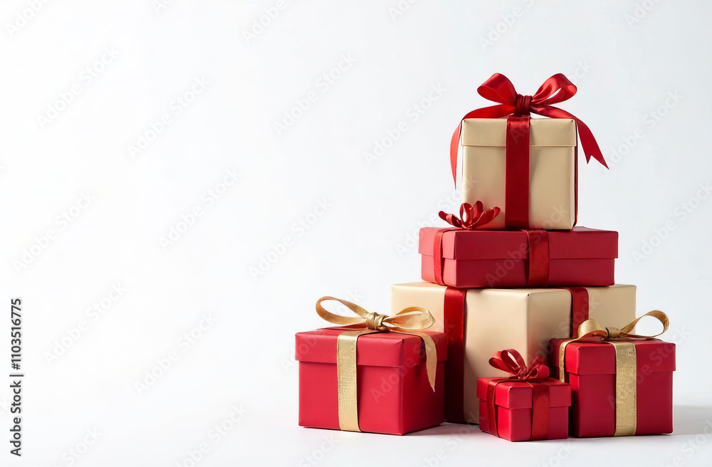 Obraz premium Gift boxes stacked in a tower shape, white background.