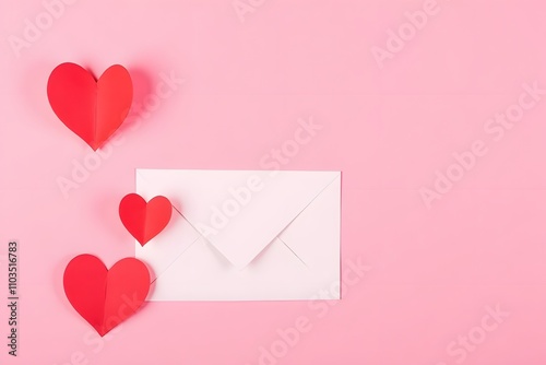 White envelope and red hearts on pink background for romantic message