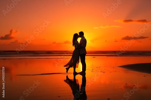 Romantic couple embracing at sunset on beach