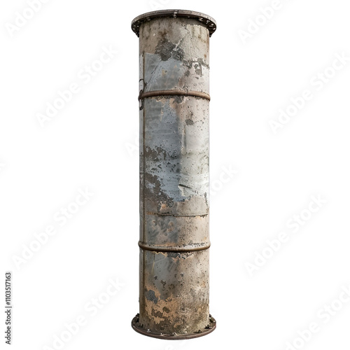 Weathered Industrial Concrete Column with Metal Bands, Rustic Vintage Architectural Element, Isolated png background 