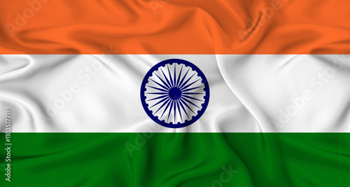 Realistic flag of India waving in the wind. Close up of flag of India with fabric texture