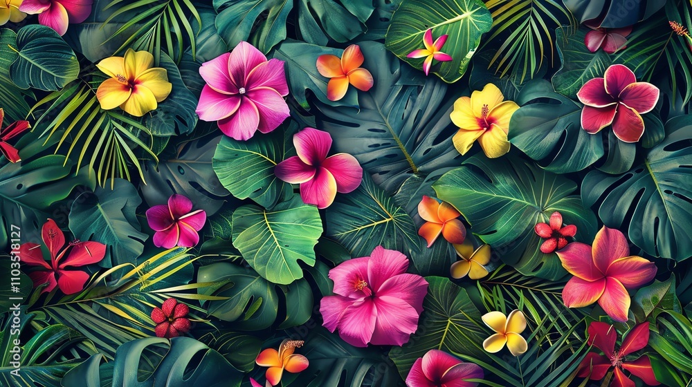 A tropical flower and leaf pattern. A tropical flower and leaf pattern.