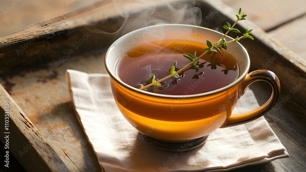 Herbal tea with fresh thyme on rustic wooden tray Herbal tea with fresh thyme on rustic wooden tray