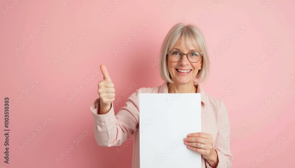 A happy elderly woman holding a blank sheet of paper in one hand and giving a thumbs up with the other. A happy elderly woman holding a blank sheet of paper in one hand and giving a thumbs up with the other.