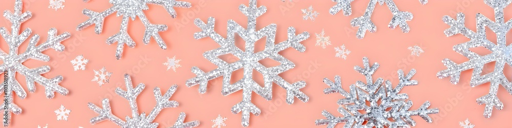 Snowflakes pattern on orange background. Christmas and New Year holiday concept. Peach fuzz. Paper cut style. Winter design for greeting card, banner, wrapping paper, textile, print Snowflakes pattern on orange background. Christmas and New Year holiday concept. Peach fuzz. Paper cut style. Winter design for greeting card, banner, wrapping paper, textile, print
