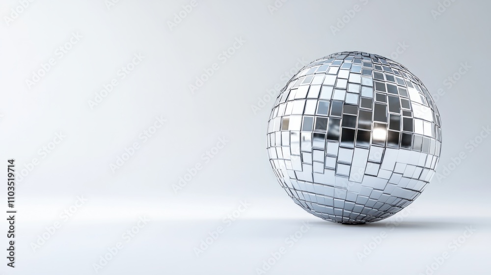 Elegant silver disco ball with glossy tiles and shimmering light patterns, perfect for party decor, isolated on white Elegant silver disco ball with glossy tiles and shimmering light patterns, perfect for party decor, isolated on white
