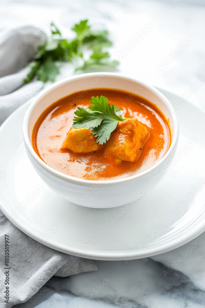 Sophisticated Presentation of Butter Chicken in a White Bowl Surrounded by Negative Space for Upscale Culinary Events Sophisticated Presentation of Butter Chicken in a White Bowl Surrounded by Negative Space for Upscale Culinary Events