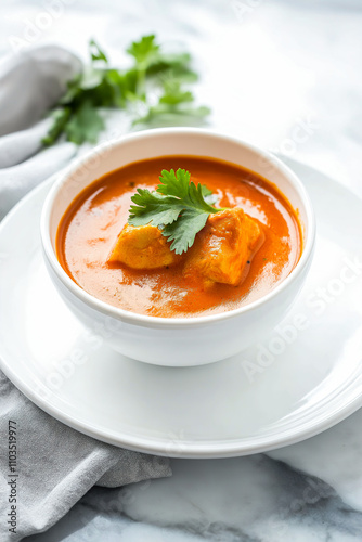 Sophisticated Presentation of Butter Chicken in a White Bowl Surrounded by Negative Space for Upscale Culinary Events