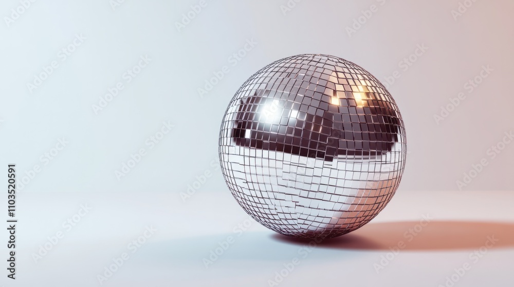 Retro-style silver disco ball with shiny tiles, isolated against a clean white backdrop Retro-style silver disco ball with shiny tiles, isolated against a clean white backdrop