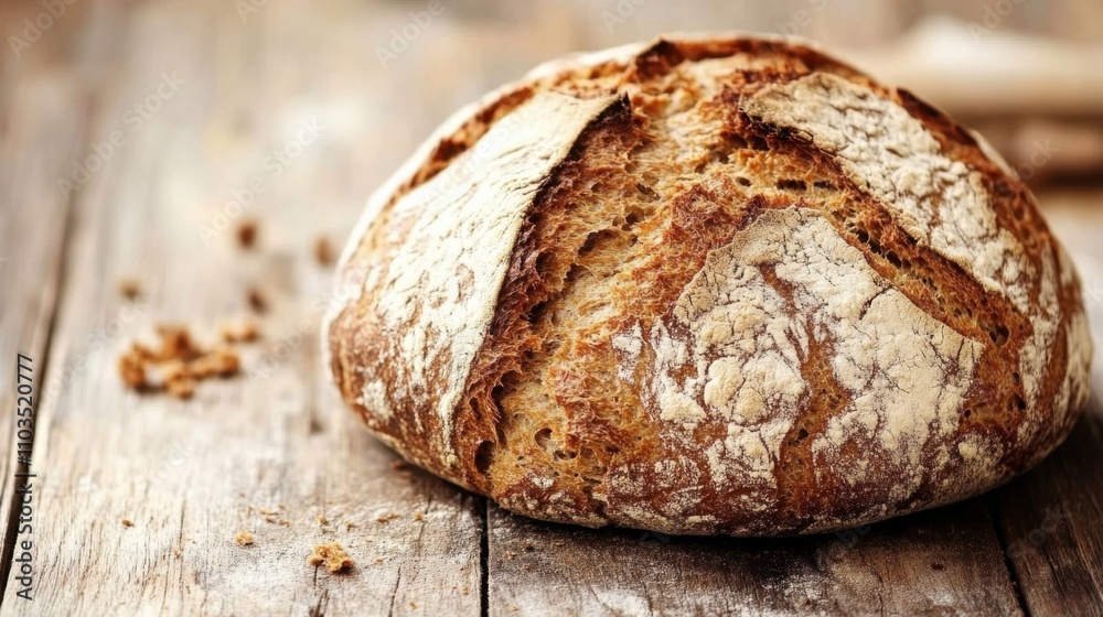 A loaf of round country bread isolated on a weathered wooden surface. A loaf of round country bread isolated on a weathered wooden surface.