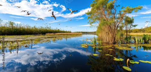 Majestic Rio Cuito wetlands unfolding like a canvas of untouched serenity, where delicate reeds sway gently in the breeze, a kaleidoscope of exotic birds take flight. photo