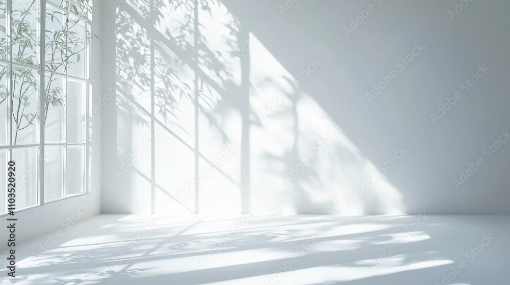 Fototapeta premium Minimal abstract light gray background for product presentation. Soft shadow and light from windows on white wall.
