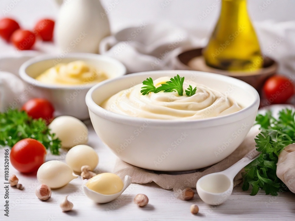 Mayonnaise Sauce Recipe Ingredients Displayed on White Wood Mayonnaise Sauce Recipe Ingredients Displayed on White Wood