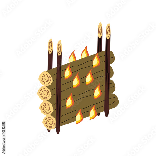 Tourist bonfire of the fence type. Color vector flat illustration