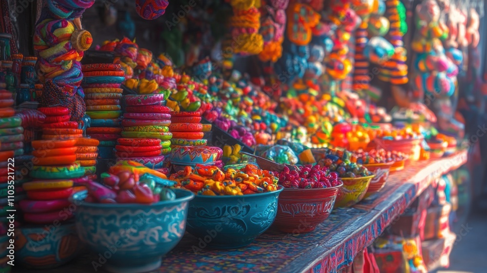 A market counter filled with vibrant patterns and textures, inviting shoppers to explore. A market counter filled with vibrant patterns and textures, inviting shoppers to explore.