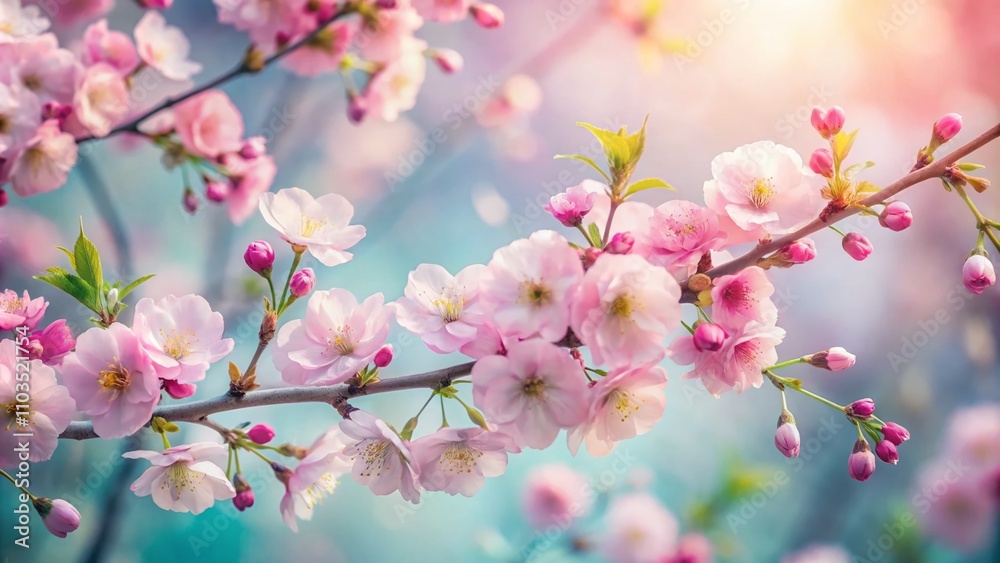 Delicate Cherry Blossom Branches with Soft Pink Flowers and Buds on a Dreamy Background Evoking a Surreal Atmosphere of Springtime Serenity and Natural Beauty Delicate Cherry Blossom Branches with Soft Pink Flowers and Buds on a Dreamy Background Evoking a Surreal Atmosphere of Springtime Serenity and Natural Beauty