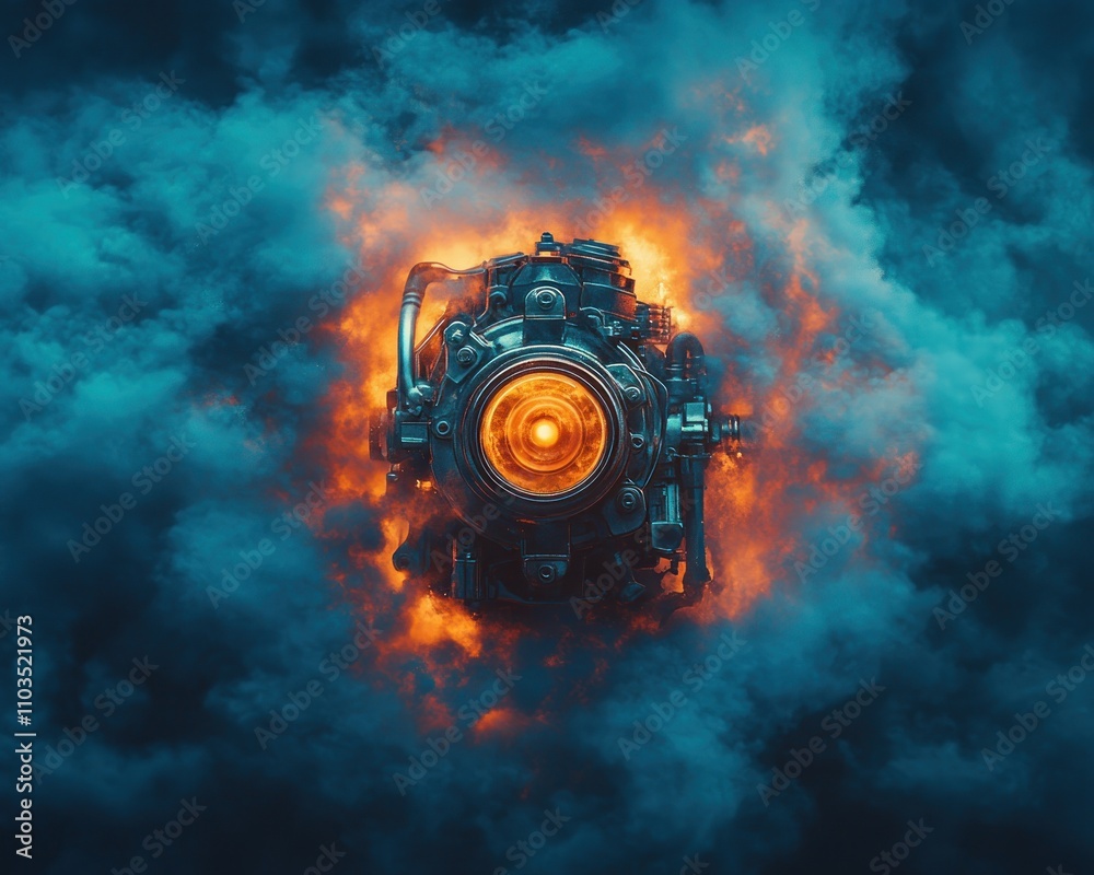 Atmospheric image showcasing an internal combustion engine enveloped in ...