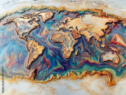 Abstract Oil Spill World Map Art A Stunning Visual Representation of Environmental Pollution and Global Impact This unique piece uses oil paint to depict swirling patterns forming continents photo