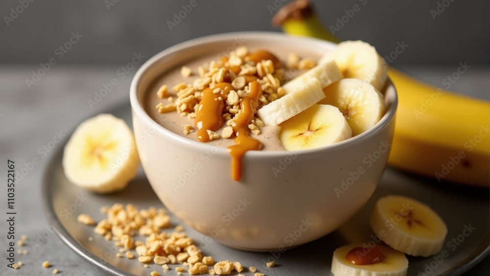 A creamy banana smoothie bowl with caramel drizzle and granola, garnished with fresh banana slices, is beautifully presented on a textured grey surface A creamy banana smoothie bowl with caramel drizzle and granola, garnished with fresh banana slices, is beautifully presented on a textured grey surface