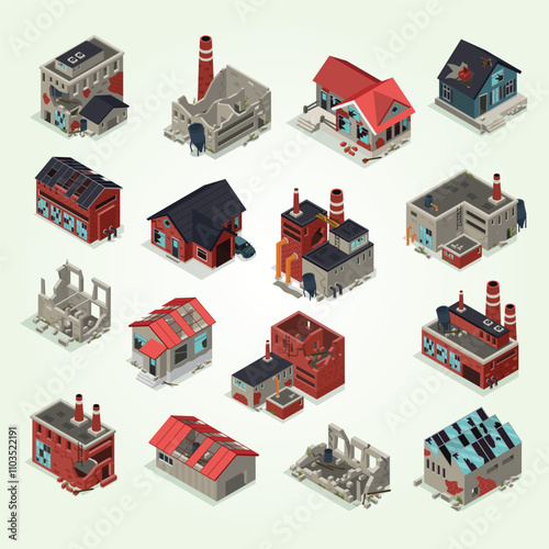 Abandoned Buildings Isometric Set
