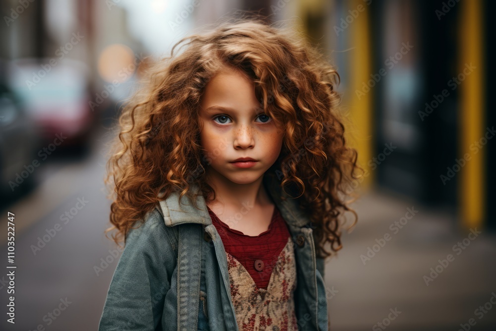 Portrait of a cute little girl with curly hair in the city Portrait of a cute little girl with curly hair in the city