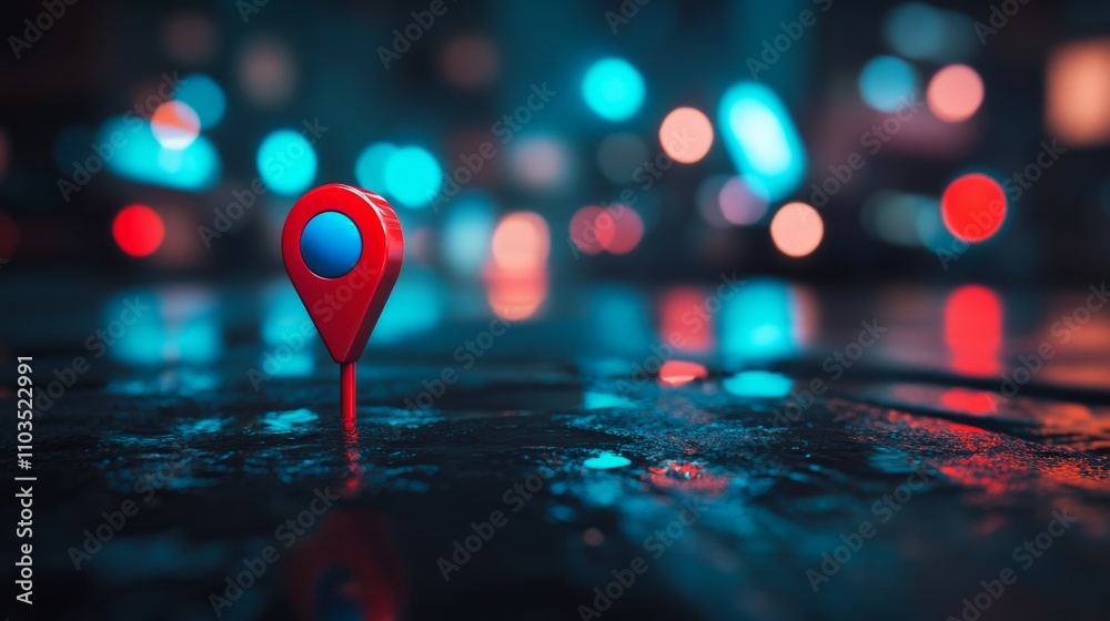red location icon on illuminated street background red location icon on illuminated street background