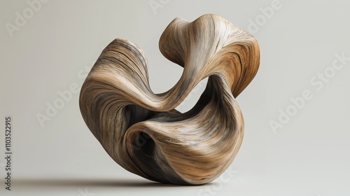 Unique wooden sculpture showcasing fluid curves and dynamic lines, positioned on a neutral background for artistic expression