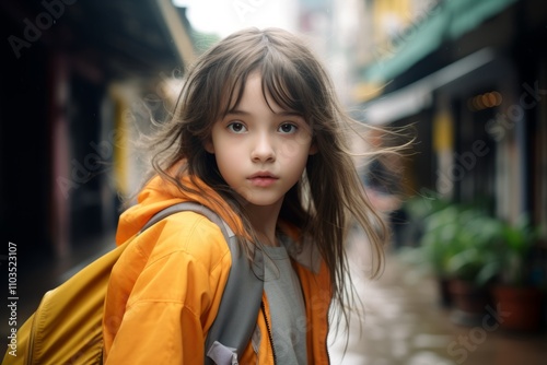 Portrait of a beautiful little girl in a yellow jacket with a backpack.