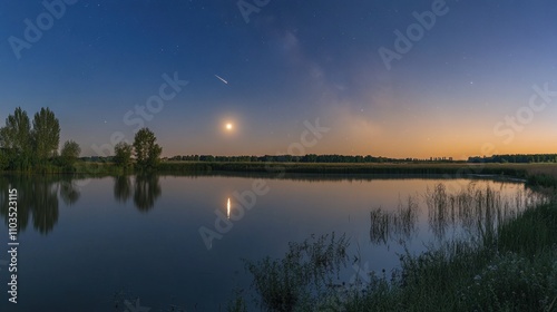 Dobrush, Belarus. Comet Neowise C2020f3 Anf Rising Moon In Night Starry Sky Reflected In Small Lake Waters photo