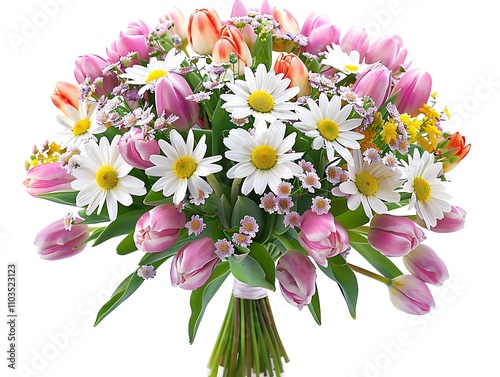 A vibrant bouquet of pink tulips and white daisies, accented with wildflowers, showcasing a fresh and cheerful floral arrangement. photo