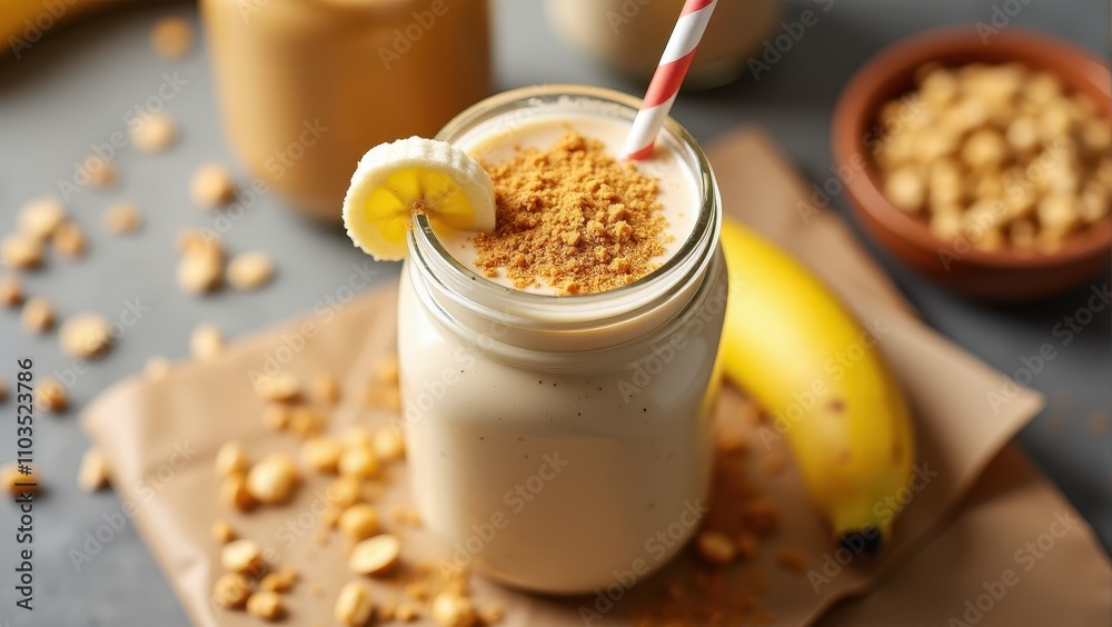 Vibrant peanut butter banana smoothie in a mason jar with a straw, garnished with banana slices and crushed peanuts, exuding a nutritious and creamy appeal Vibrant peanut butter banana smoothie in a mason jar with a straw, garnished with banana slices and crushed peanuts, exuding a nutritious and creamy appeal