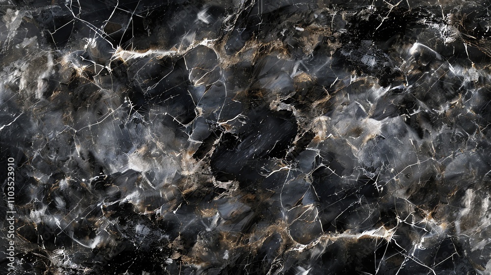Obraz premium Close up of a black marble surface with white and gold veins.