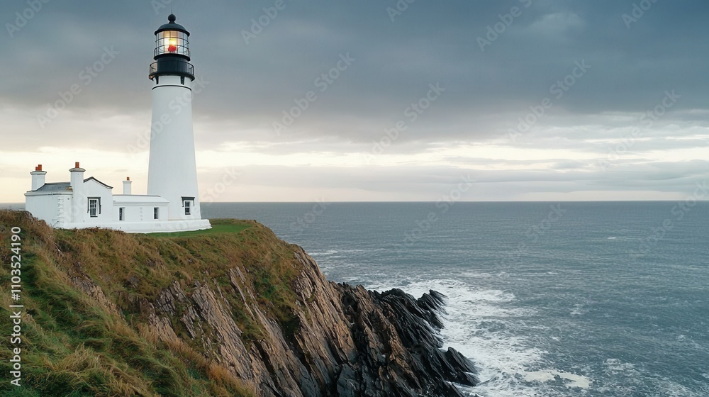 Outline sketch and guideline concept, A scenic lighthouse stands on a rocky cliff, overlooking a turbulent sea under a cloudy sky. Outline sketch and guideline concept, A scenic lighthouse stands on a rocky cliff, overlooking a turbulent sea under a cloudy sky.