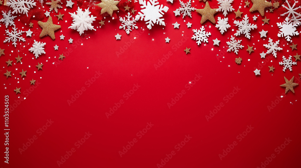Elegant Holiday Banner Featuring Glittery Snowflakes and Red Festive Backdrop Elegant Holiday Banner Featuring Glittery Snowflakes and Red Festive Backdrop