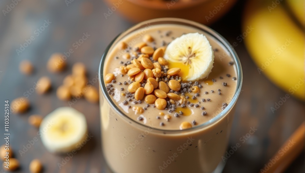 Creamy peanut butter banana smoothie topped with chia seeds, honey, and peanuts in a glass for a delicious and nutritious meal Creamy peanut butter banana smoothie topped with chia seeds, honey, and peanuts in a glass for a delicious and nutritious meal