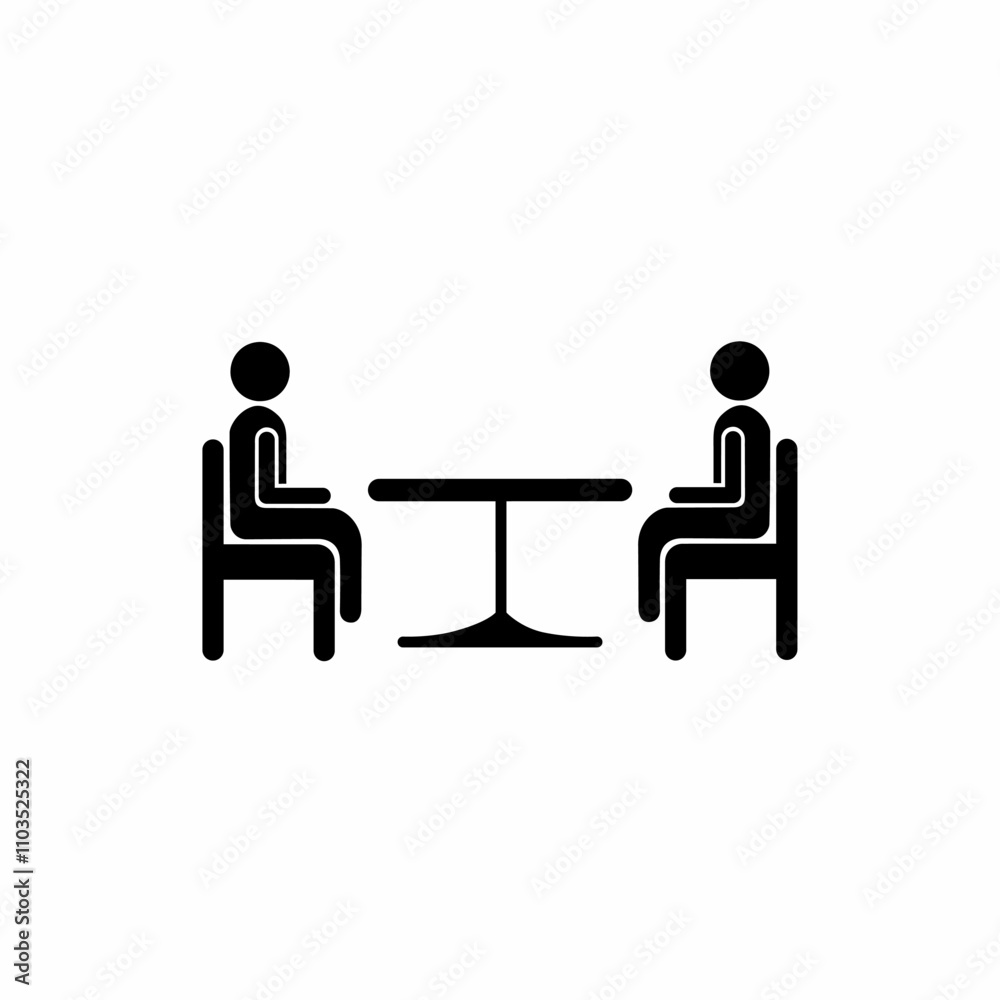 Vector illustration of an icon of two people sitting at a table, symbolizing a discussion or meeting. Perfect for communication, interview, business or teamwork concepts in print or digital media. Vector illustration of an icon of two people sitting at a table, symbolizing a discussion or meeting. Perfect for communication, interview, business or teamwork concepts in print or digital media.