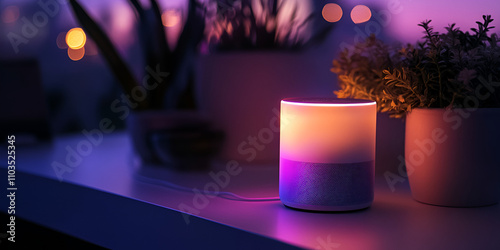  Smart Ambient Light Speaker with Plants in Cozy Evening Setting photo