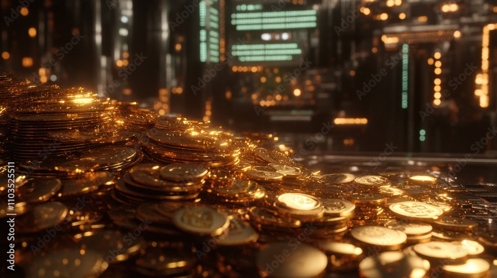 A realistic close-up of gold coins piled against a backdrop of financial data and market trends. A realistic close-up of gold coins piled against a backdrop of financial data and market trends.