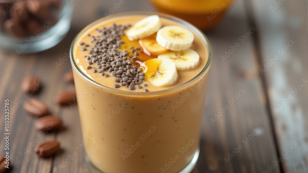Creamy pumpkin smoothie topped with banana slices, chia seeds, and a drizzle of honey, surrounded by whole almonds on a rustic wooden table Creamy pumpkin smoothie topped with banana slices, chia seeds, and a drizzle of honey, surrounded by whole almonds on a rustic wooden table