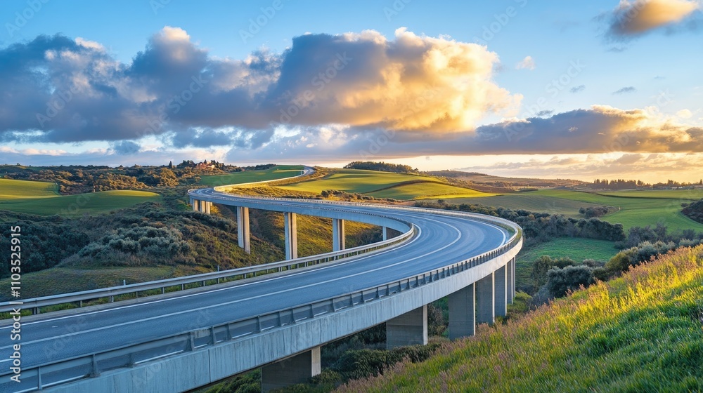 Scenic Overpass Along Green Hills Under Dramatic Sunset Sky Scenic Overpass Along Green Hills Under Dramatic Sunset Sky