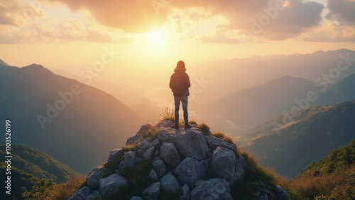 A Person Stands on a Rocky Outcrop Overlooking a Breathtaking Mountainous Landscape at Sunset, Basking in the Warm Glow of the Evening Light