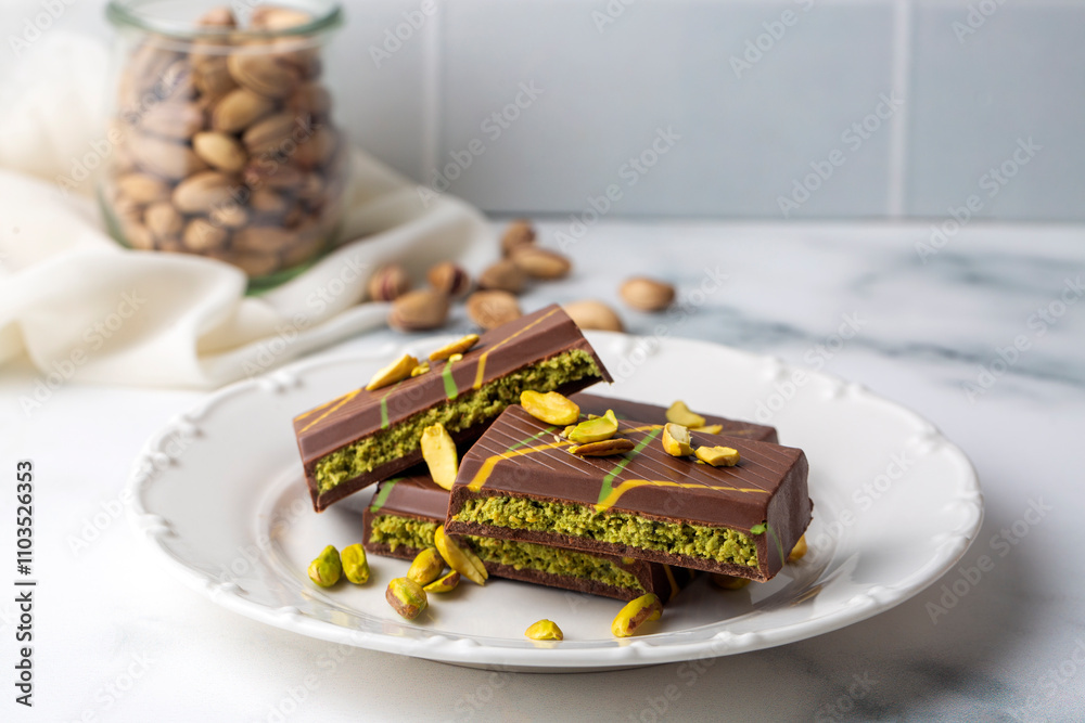 Dubai chocolate is a dessert prepared with milk and dark chocolate, roasted shredded wheat, pistachio paste and tahini.