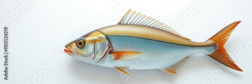 A close-up of a slender, light-blue fish with orange fins and a white background photo