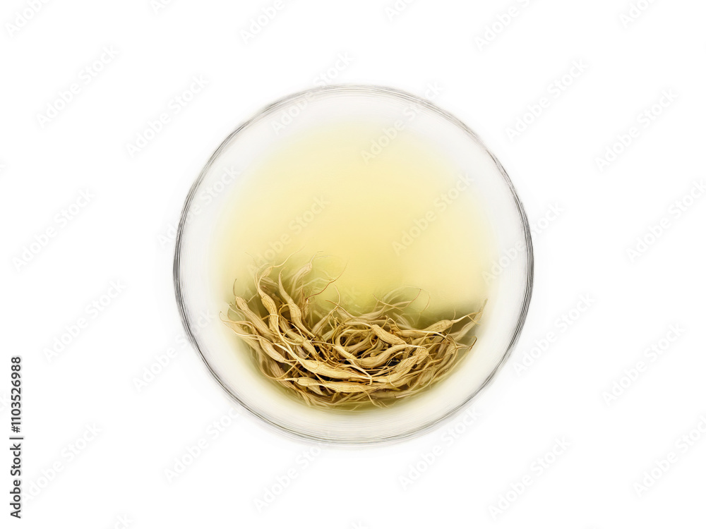 Ginseng Tea Energizing ginseng tea in a clear glass with ginseng roots and a revitalizing Ginseng Tea Energizing ginseng tea in a clear glass with ginseng roots and a revitalizing