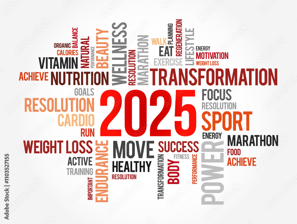 2025 health and sport goals word cloud, motivation concept background