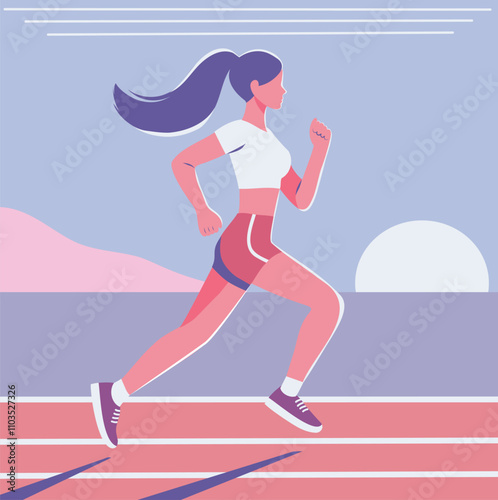 Vector illustration woman girl, jogging or participating in competitions, marathon. Woman running outdoors on minimalistic abstract background. Suitable for any projects promoting a healthy lifestyle 
